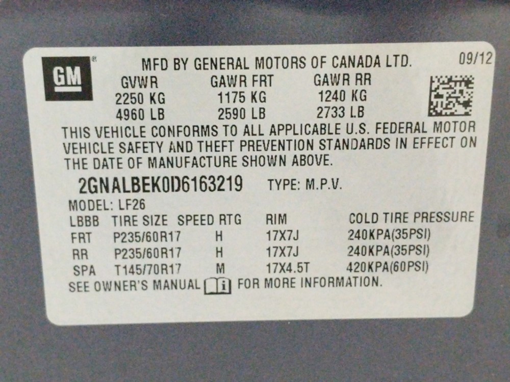 2013 Chevrolet Equinox - VIN Plate