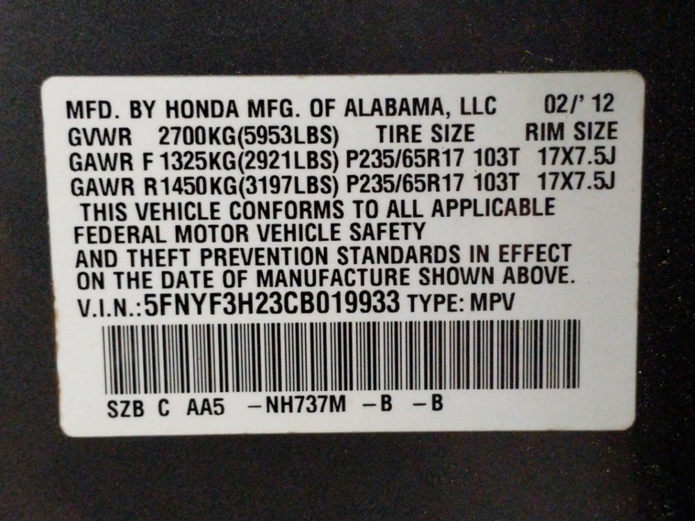 2012 Honda Pilot - VIN Plate