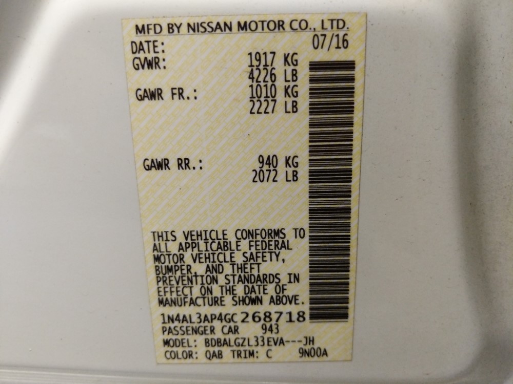 2016 Nissan Altima - VIN Plate