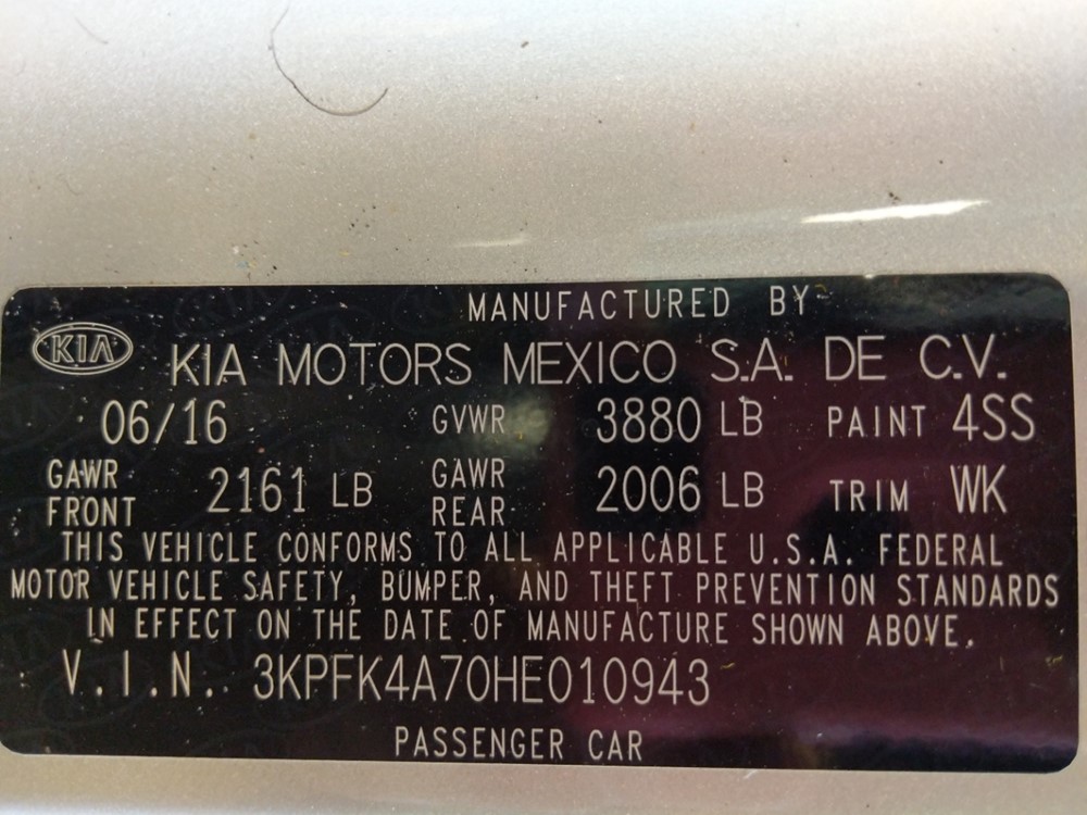 2017 Kia Forte - VIN Plate