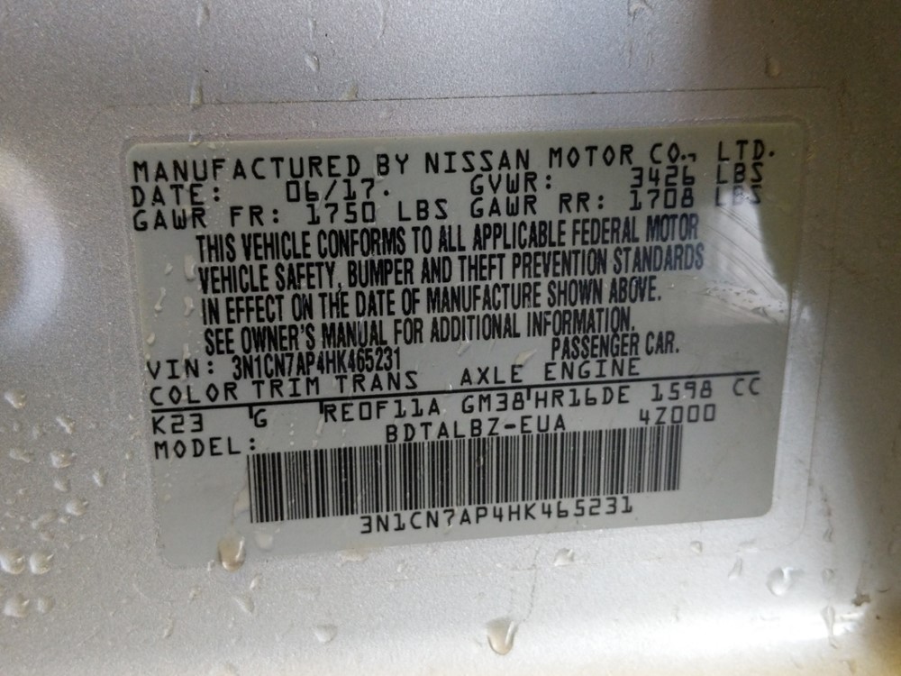 2017 Nissan Versa - VIN Plate