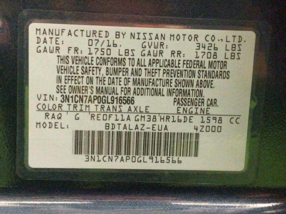 2016 Nissan Versa - VIN Plate