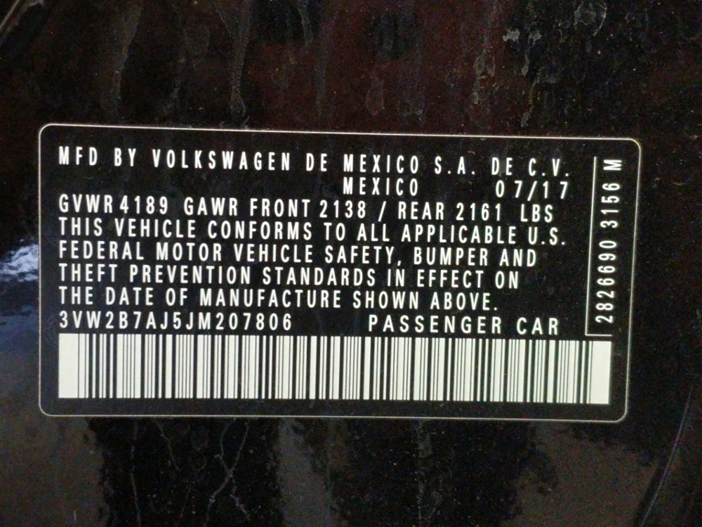 2018 Volkswagen Jetta - VIN Plate