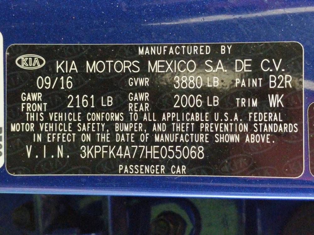 2017 Kia Forte - VIN Plate