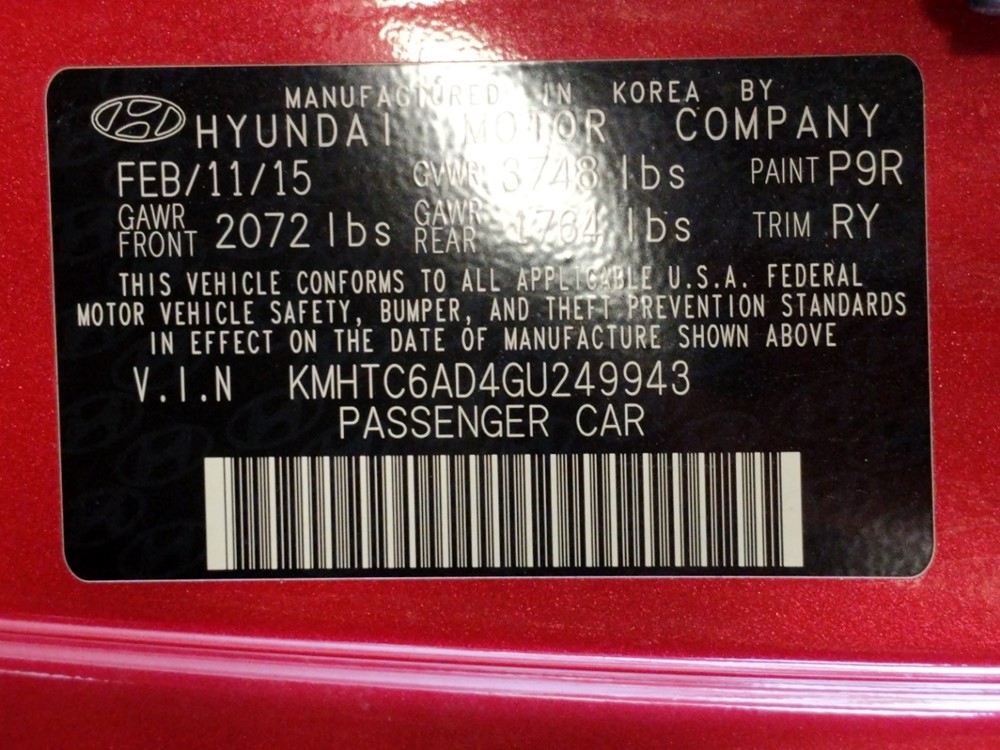 2016 Hyundai Veloster - VIN Plate