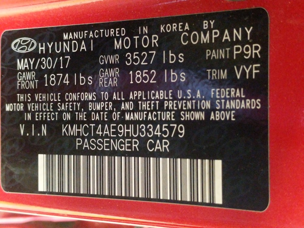 2017 Hyundai Accent - VIN Plate