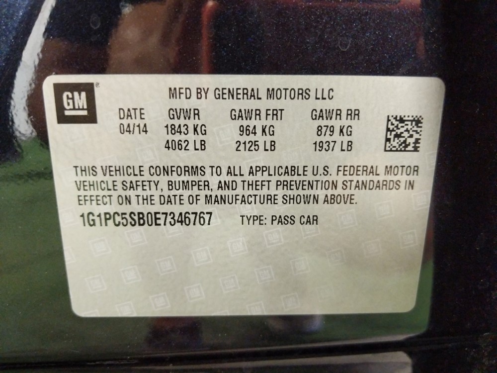 2014 Chevrolet Cruze - VIN Plate