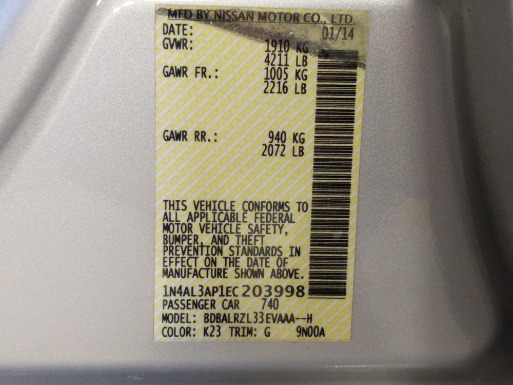 2014 Nissan Altima - VIN Plate