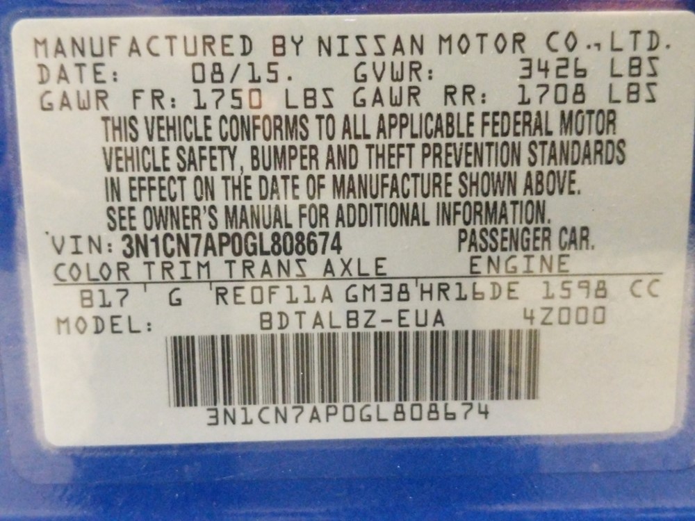 2016 Nissan Versa - VIN Plate