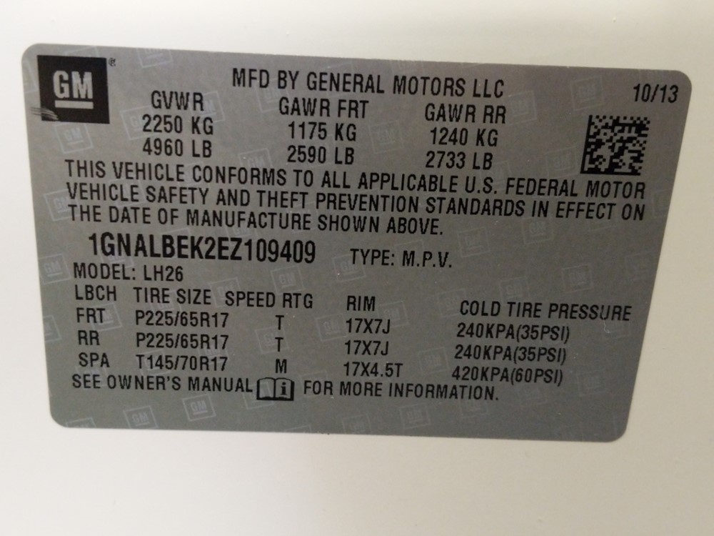 2014 Chevrolet Equinox - VIN Plate