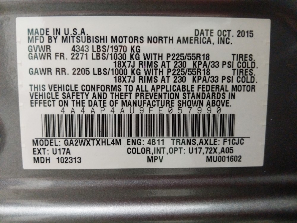 2015 Mitsubishi Outlander - VIN Plate