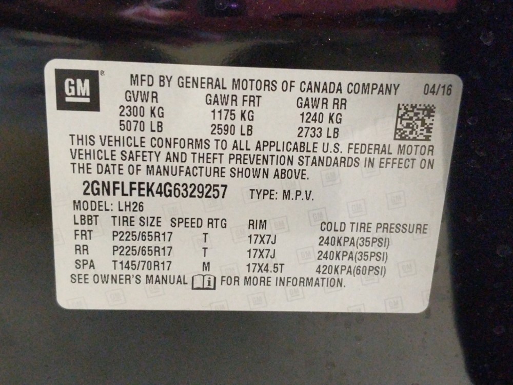 2016 Chevrolet Equinox - VIN Plate
