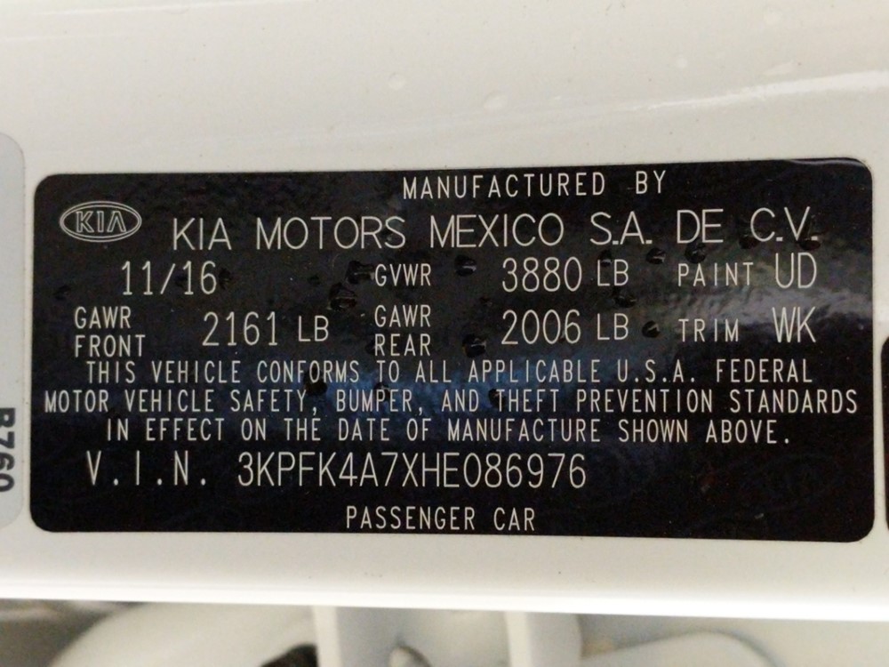 2017 Kia Forte - VIN Plate