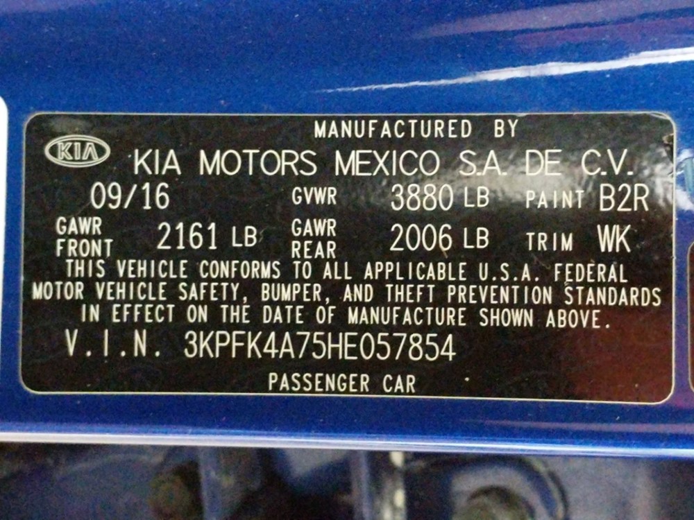 2017 Kia Forte - VIN Plate