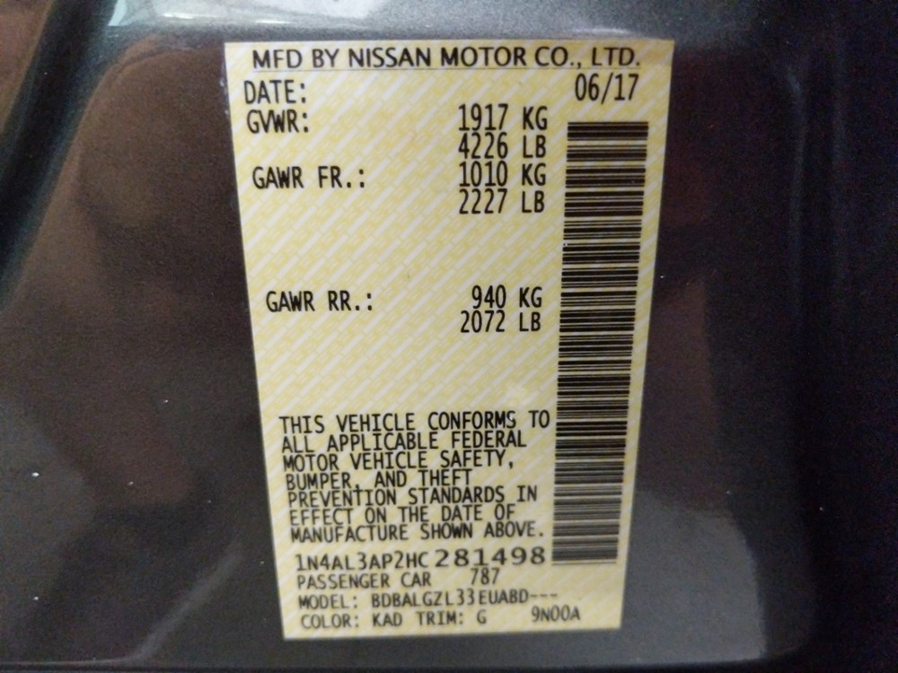 2017 Nissan Altima - VIN Plate