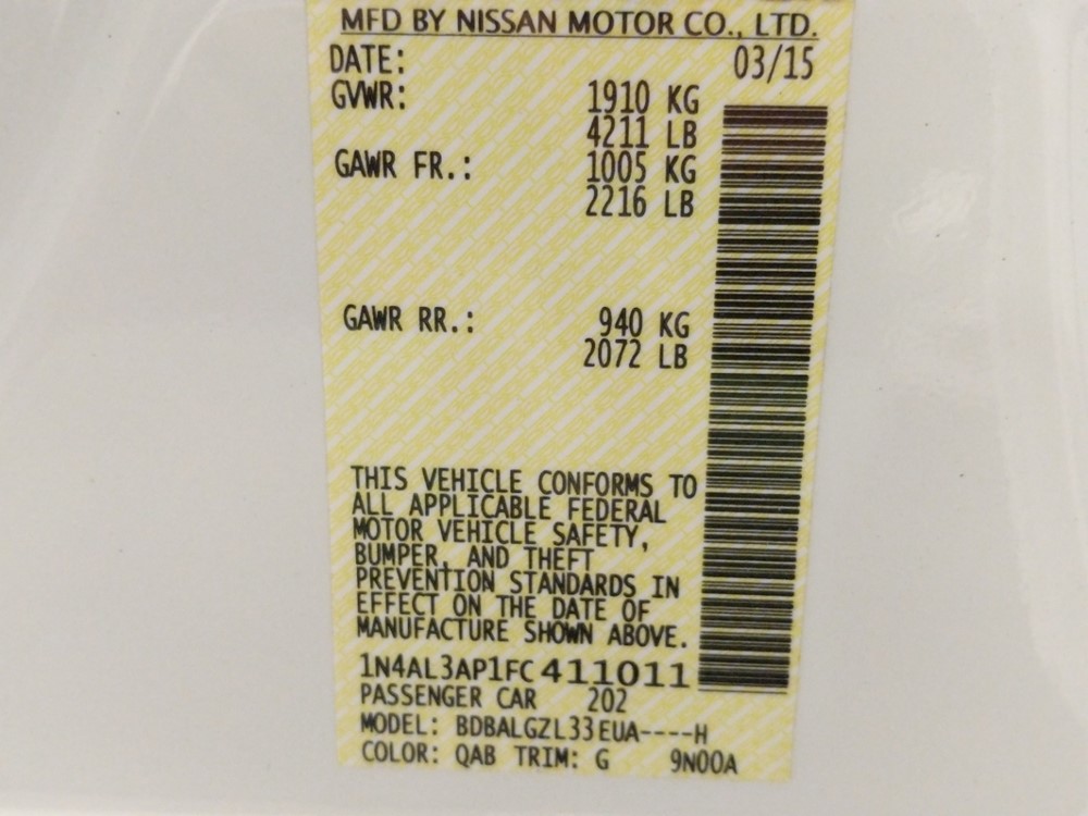 2015 Nissan Altima - VIN Plate
