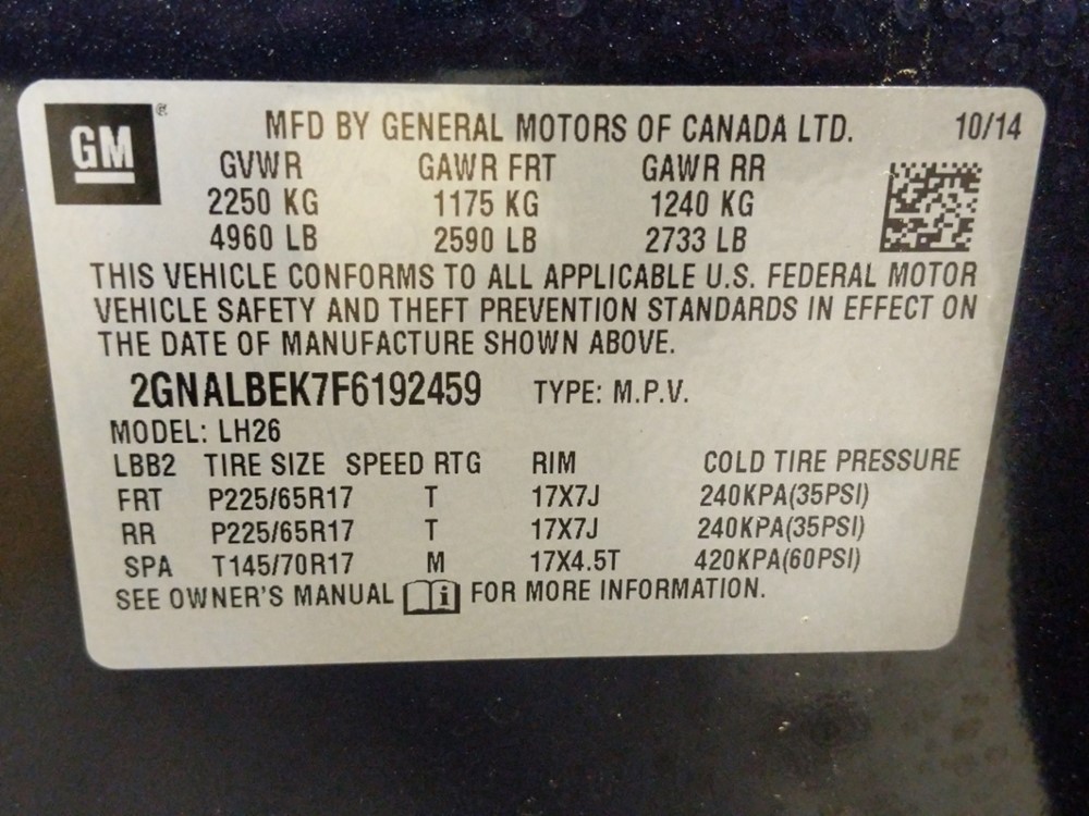 2015 Chevrolet Equinox - VIN Plate