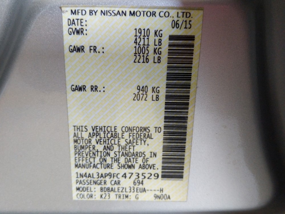 2015 Nissan Altima - VIN Plate