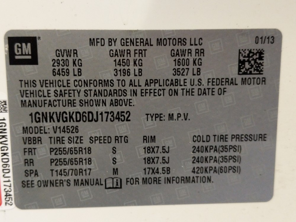 2013 Chevrolet Traverse - VIN Plate