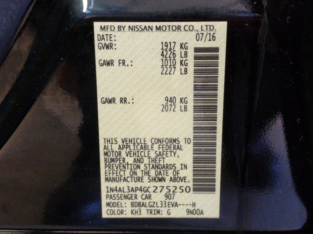 2016 Nissan Altima - VIN Plate