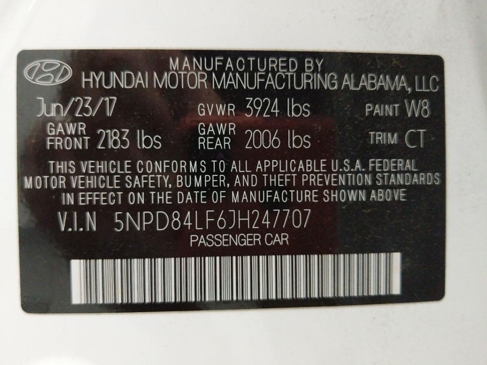 2018 Hyundai Elantra - VIN Plate