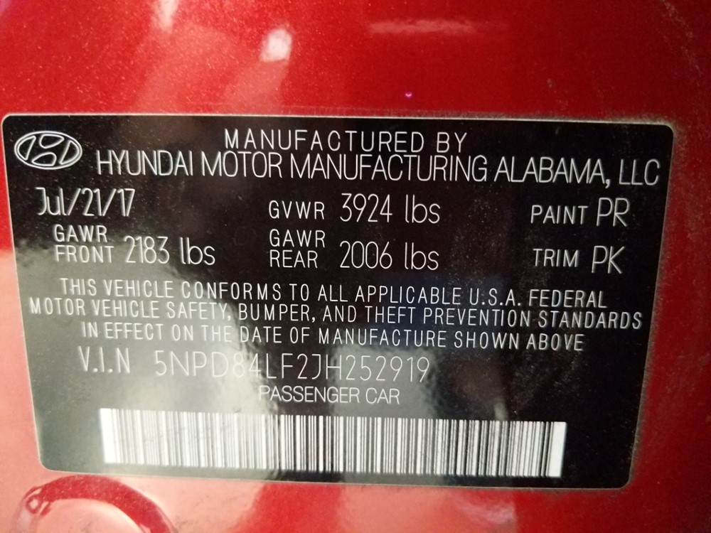 2018 Hyundai Elantra - VIN Plate