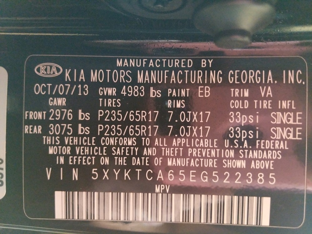 2014 Kia Sorento - VIN Plate