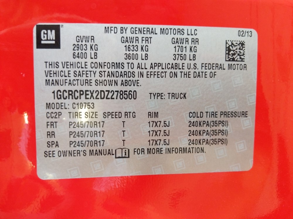 2013 Chevrolet Silverado 1500 - VIN Plate