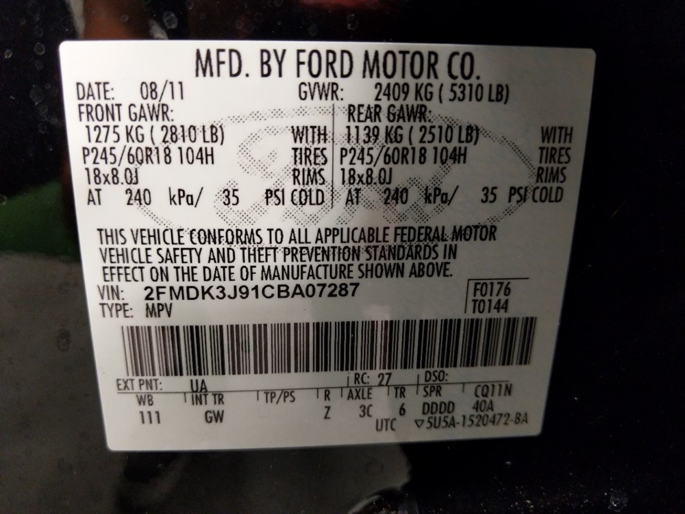 2012 Ford Edge - VIN Plate