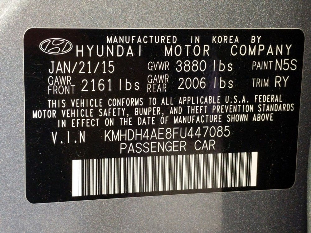 2015 Hyundai Elantra - VIN Plate