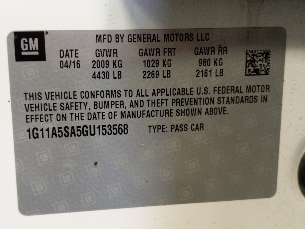 2016 Chevrolet Malibu - VIN Plate