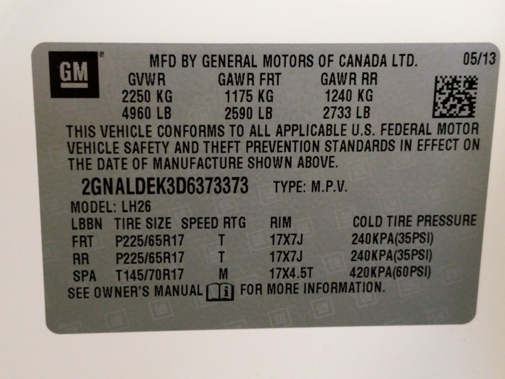 2013 Chevrolet Equinox - VIN Plate