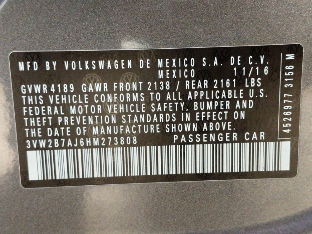 2017 Volkswagen Jetta - VIN Plate