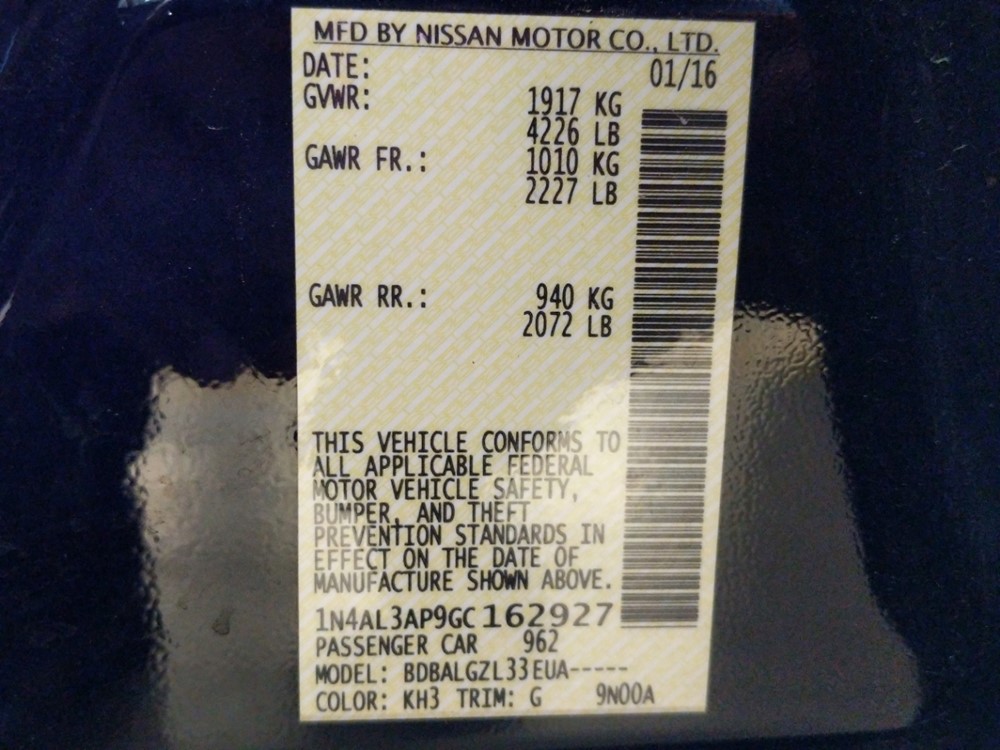2016 Nissan Altima - VIN Plate