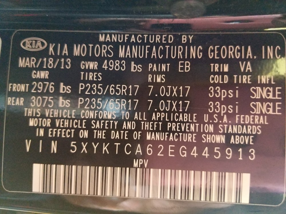 2014 Kia Sorento - VIN Plate
