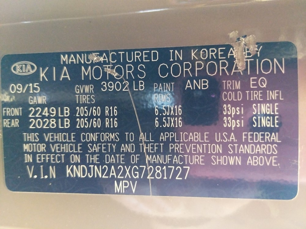 2016 Kia Soul - VIN Plate