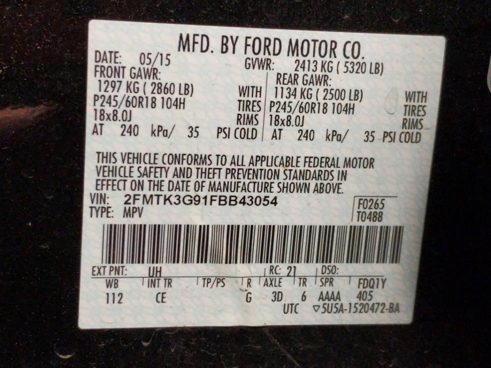 2015 Ford Edge - VIN Plate