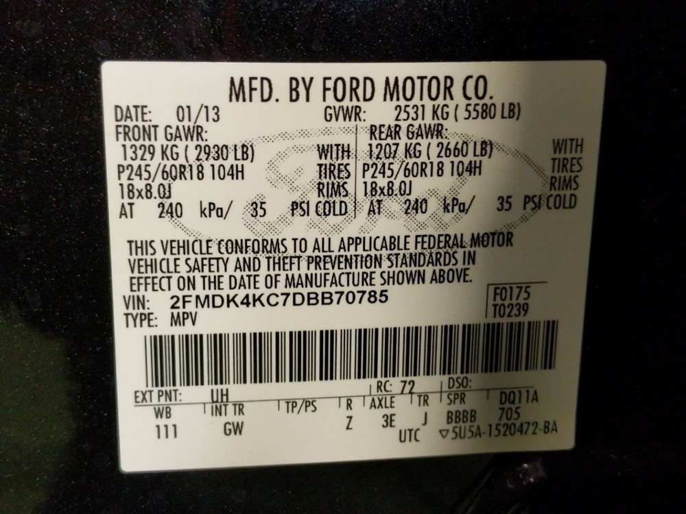 2013 Ford Edge - VIN Plate