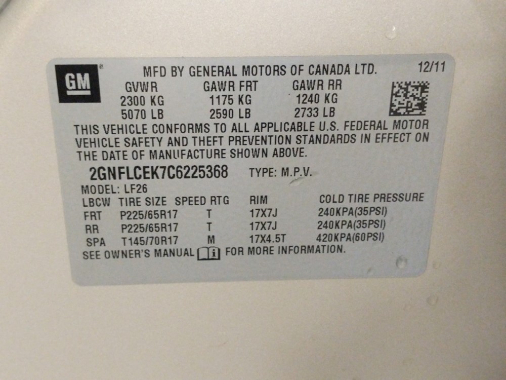 2012 Chevrolet Equinox - VIN Plate