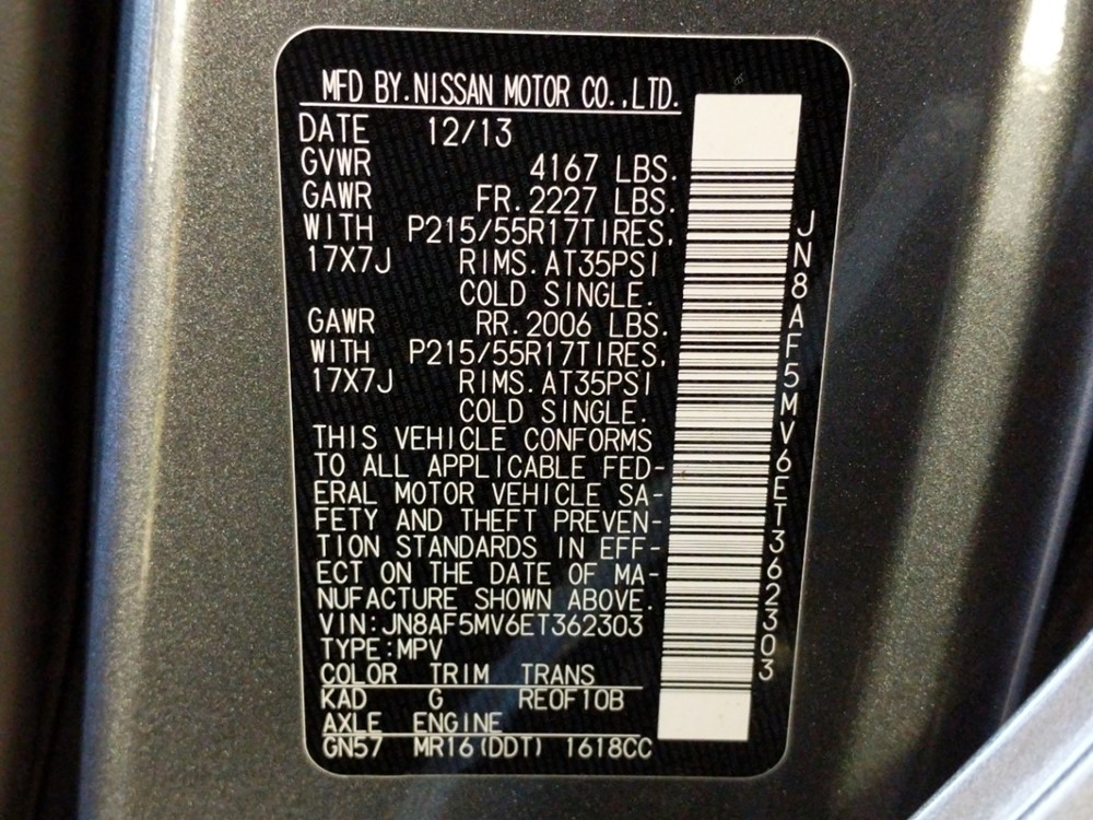 2014 Nissan JUKE - VIN Plate