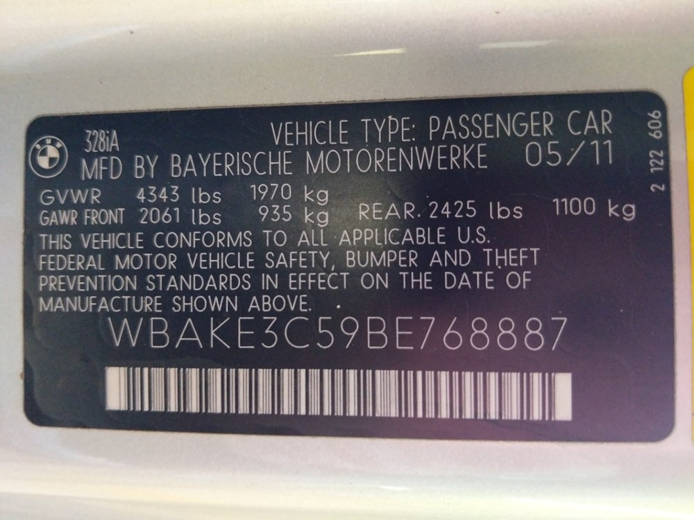2011 BMW 328i - VIN Plate