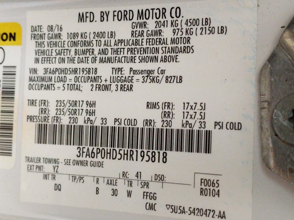 2017 Ford Fusion - VIN Plate