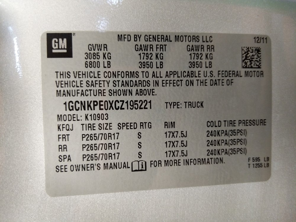 2012 Chevrolet Silverado 1500 - VIN Plate
