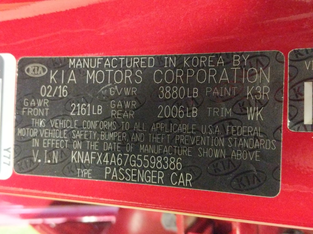 2016 Kia Forte - VIN Plate