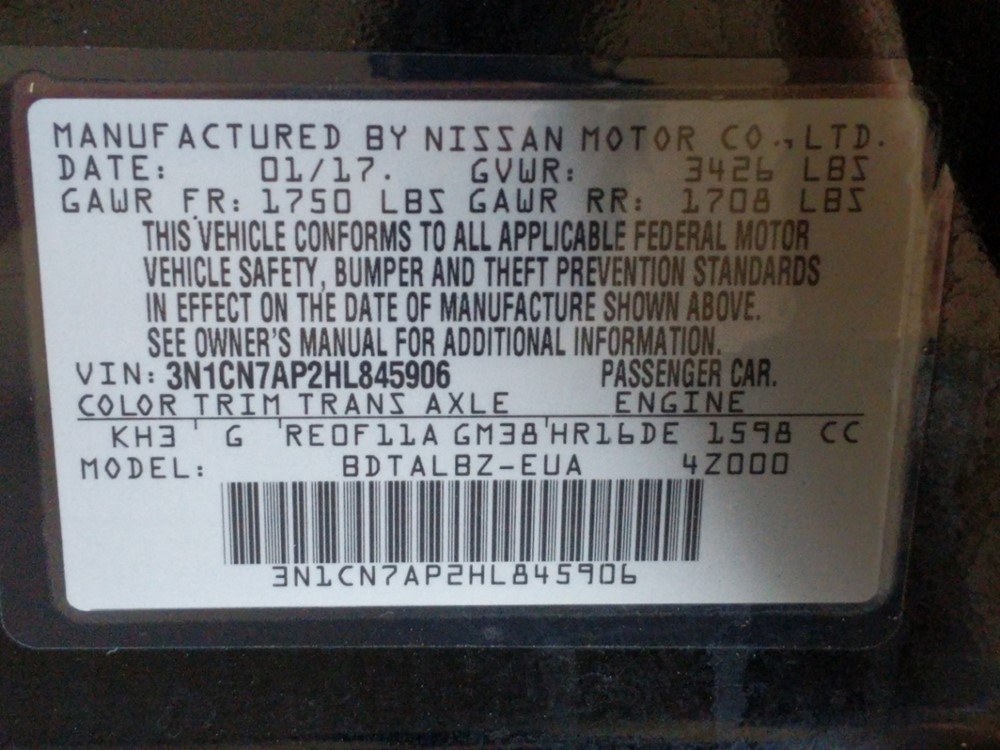 2017 Nissan Versa - VIN Plate