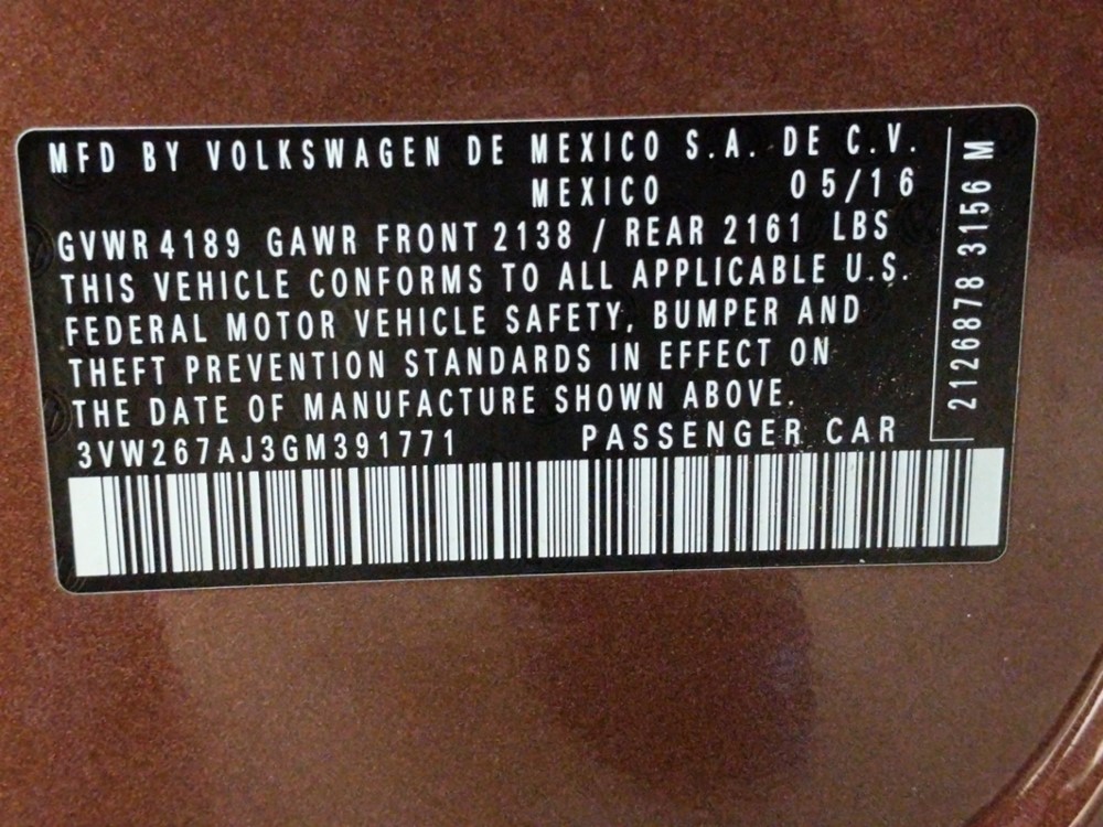 2016 Volkswagen Jetta - VIN Plate