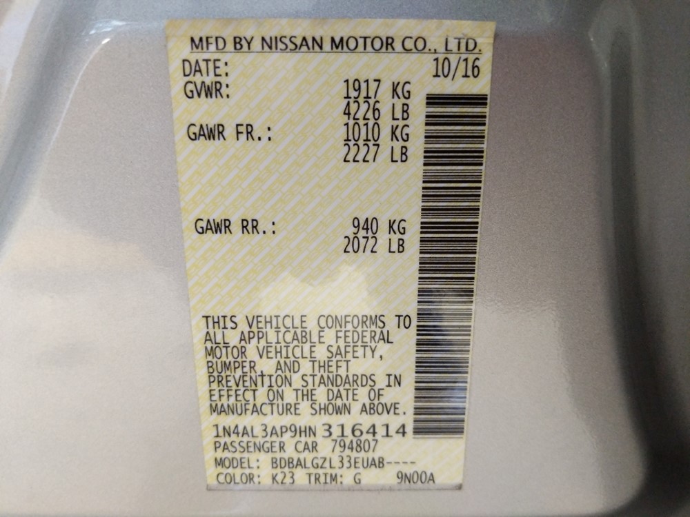 2017 Nissan Altima - VIN Plate
