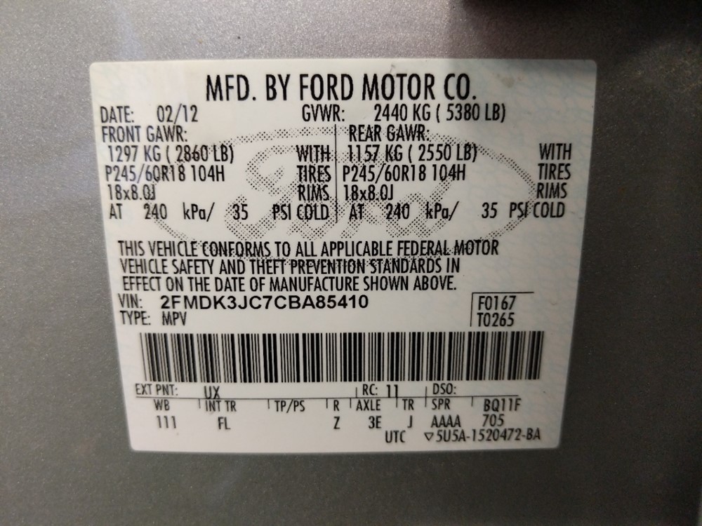 2012 Ford Edge - VIN Plate