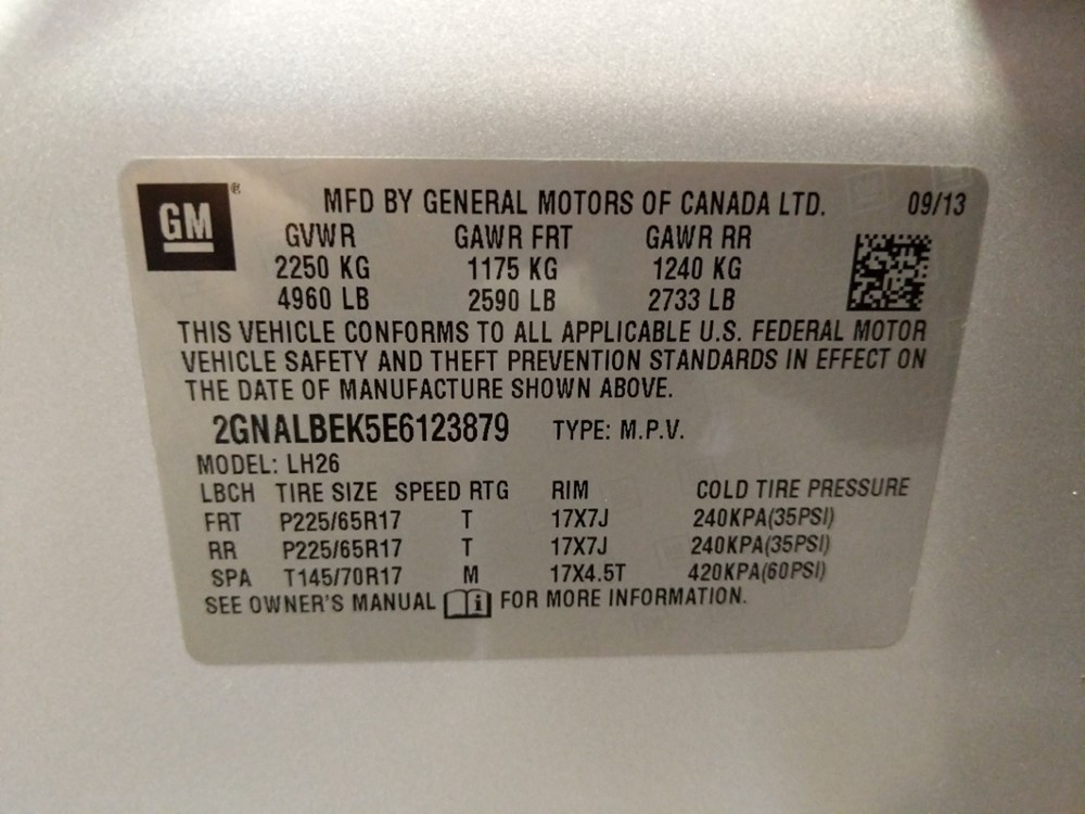 2014 Chevrolet Equinox - VIN Plate