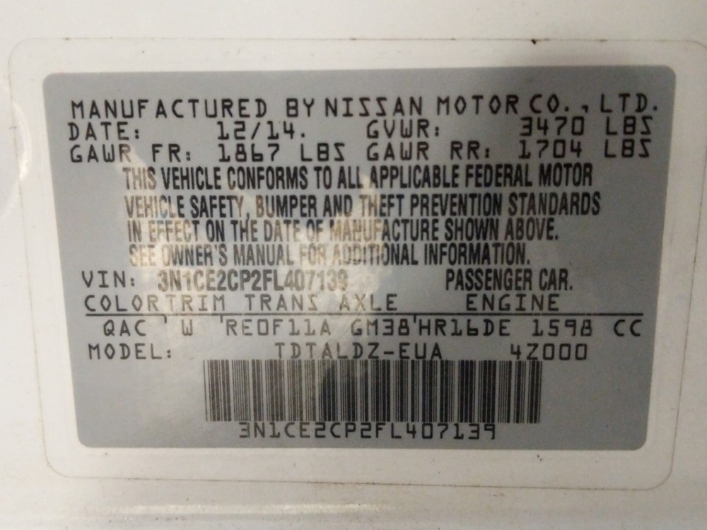 2015 Nissan Versa - VIN Plate